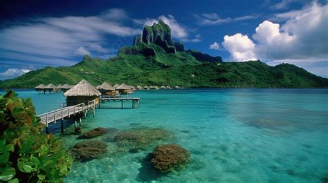 Fond Une Montagne Sous Marine Surplombant Une Cabane à Bora Bora Fond