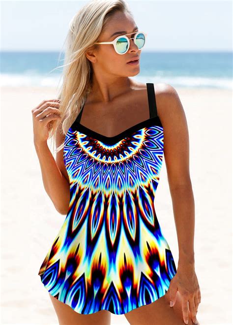 Spaghetti Strap Tribal Print Curved Hem Swimdress Top Modlily