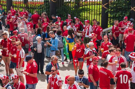 The 2018 Fifa World Cup Crowd Of Danish Fans In Red T Shirts Drink