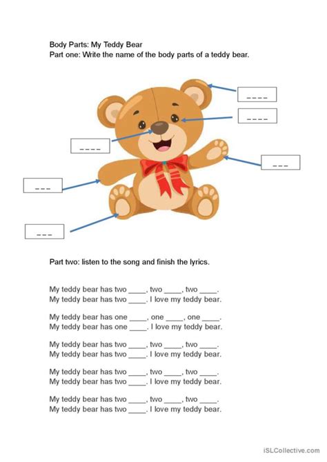 Body Parts My Teddy Bear Song And N English Esl Worksheets Pdf And Doc