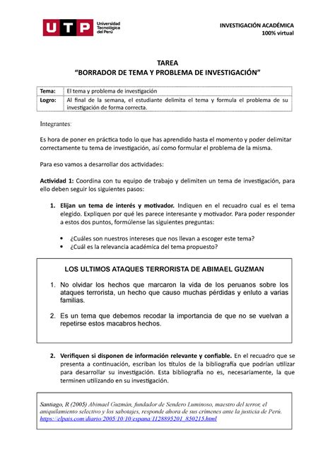 S Tarea Borrador Del Tema Y Problema De Investigaci N Tarea