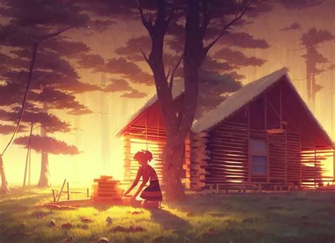 Portrait Of A Woman Building A Log Cabin Illustration Stable