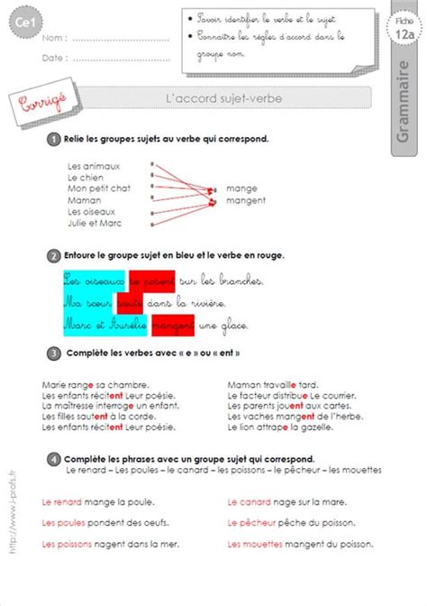 Ce1 Laccord Sujet Verbe Grammaire