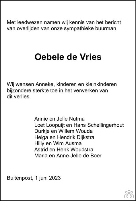 Oebele Barteles Vries 01 06 2023 Overlijdensbericht En Condoleances