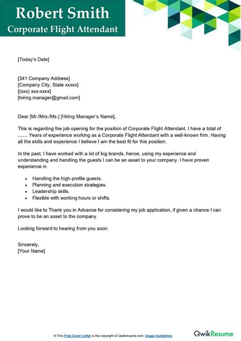 Corporate Flight Attendant Cover Letter Examples Qwikresume