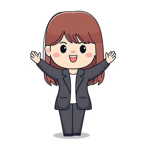 Cute Businesswoman With Formal Suit Hands Up Kawaii Chibi Character