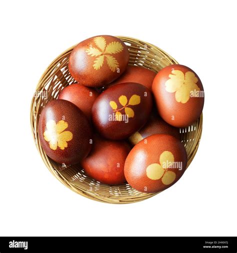 Top View Of Easter Basket Naturally Dyed Eggs With Onion Skins In