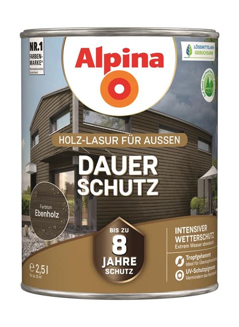 Alpina Holz Lasur für Außen Dauer Schutz Ebenholz 2 5 L