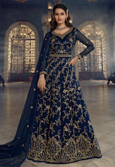 Navy Blue Net Long Anarkali Suit 249919