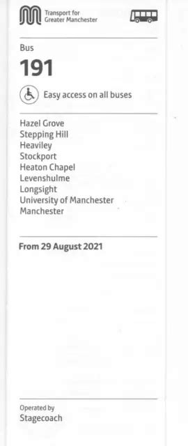 TFGM BUS TIMETABLE - 191 - Hazel Grove-Stockport-Manchester - August 2021 EUR 4,28 - PicClick IT