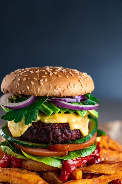 Homemade Plant Based Burger With Sweet Potato Fries Around Vegan