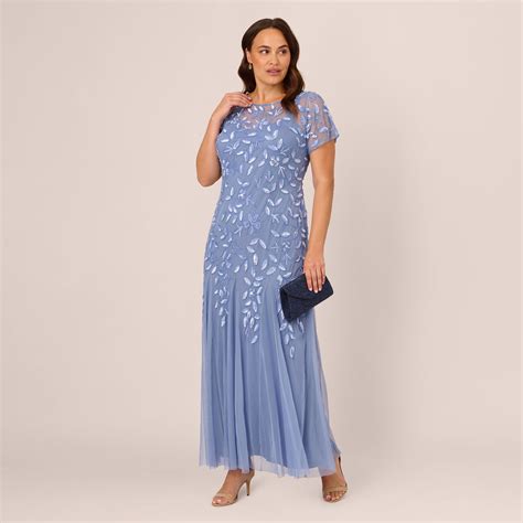 Plus Size Hand Beaded Short Sleeve Floral Godet Gown In French Blue