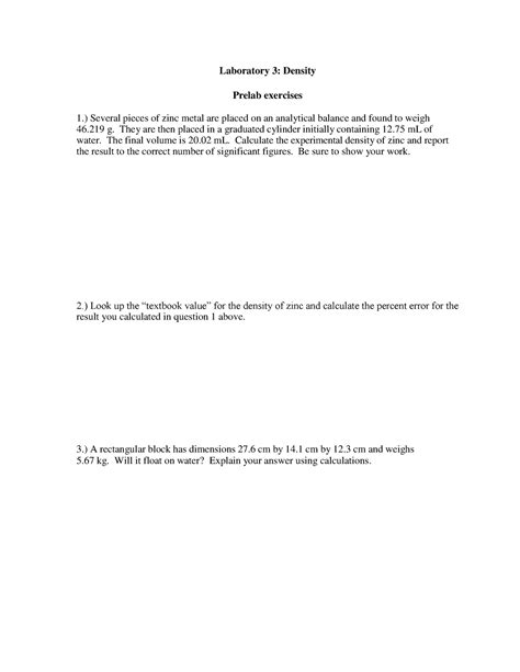 Lab 03 Density Prelab Laboratory 3 Density Prelab Exercises 1