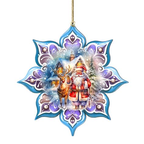 Wooden Snowflake Ornament With Santa And Reindeer German Glas Werks