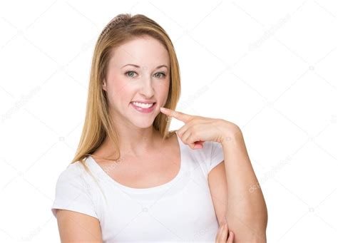 woman showing  white teeth stock photo  leungchopan
