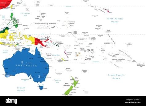 Highly Detailed Vector Map Of Oceania With Countries And Main Cities Stock Vector Image And Art