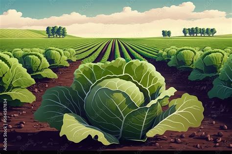 Cabbage plantations grow in the field. Background with a field of ...