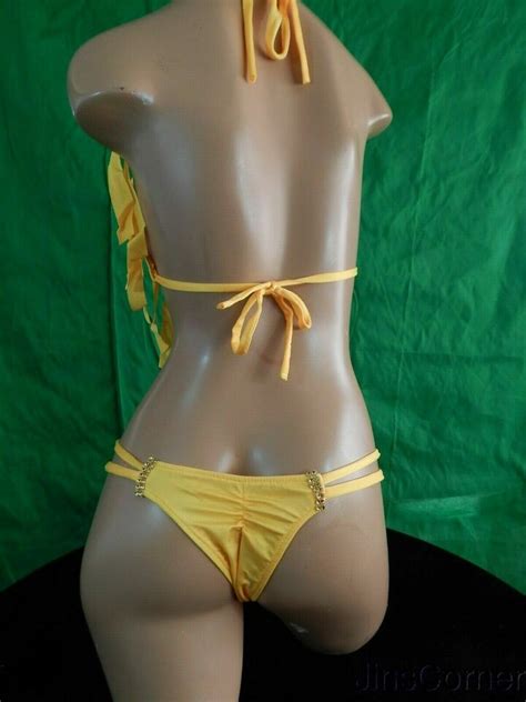 Exotic Dancer Stripper Yellow Two Piece Bikini Dance Outfit Dancewear