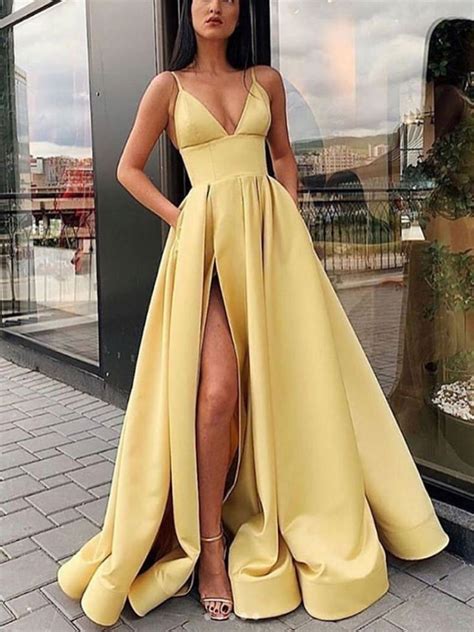 Yellow V Neck Satin Long Prom Dress With Leg Slit Yellow Formal Even Morievent