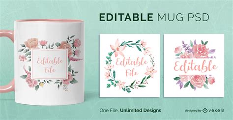 Watercolor Flower Badges Scalable Mug Template Psd Editable Template