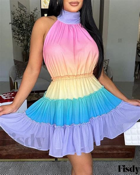 Fisdy Mini Vestido Ombre Con Cuello Halter Y Espalda Con Detalle De