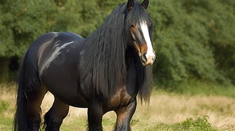 Kuda Hitam Dengan Rambut Panjang Berdiri Di Lapangan Gambar Kuda Shire