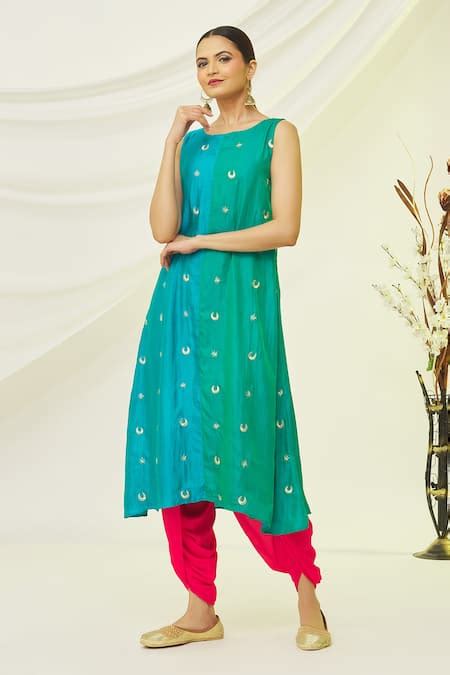 Buy Green Art Silk Embroidered Thread Round Placement Kurta For Women