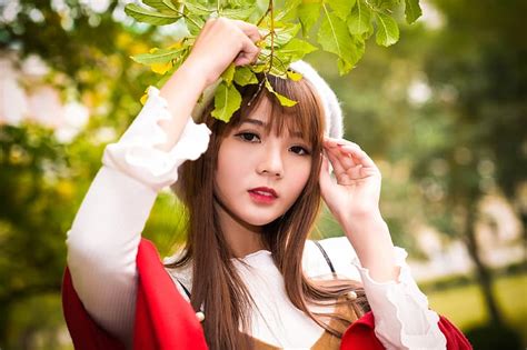 Hd Wallpaper Asian Model Women Long Hair Brunette Berets Trees