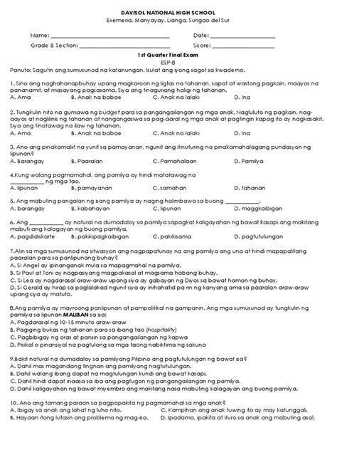 Esp 8 1st Quarter Final Exam With Tos And Answer Key Pdf