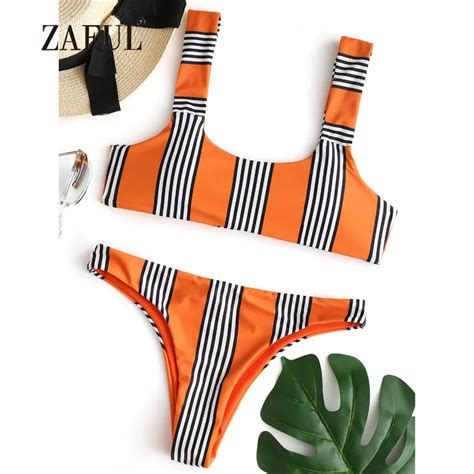 ZAFUL Striped Bikini Knot Women Swimsuit Padded Swimwear Sexy Scoop