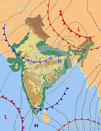 Realistic Weather Map Of The India Showing Isobars And Weather Fronts ...