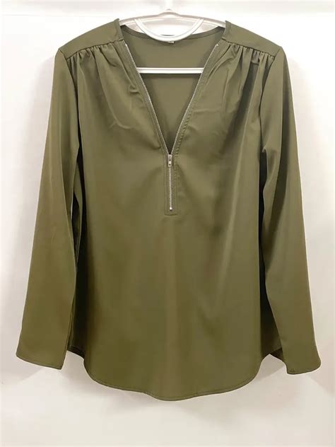 Solid V Neck Blouse Casual Ruched Rollable Sleeve Half Zip Temu