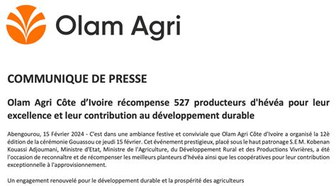 Olam Agri Côte Divoire Récompense 527 Producteurs Dhévéa Pour Leur