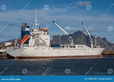 Reefer Cargo Ship in Port of Hornafjordur Editorial Image - Image of ...