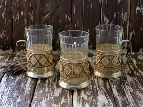 Set Of 3 Vintage Soviet Russian Tea Glasses And Aluminum Holders Etsy Vintage Soviet Russian