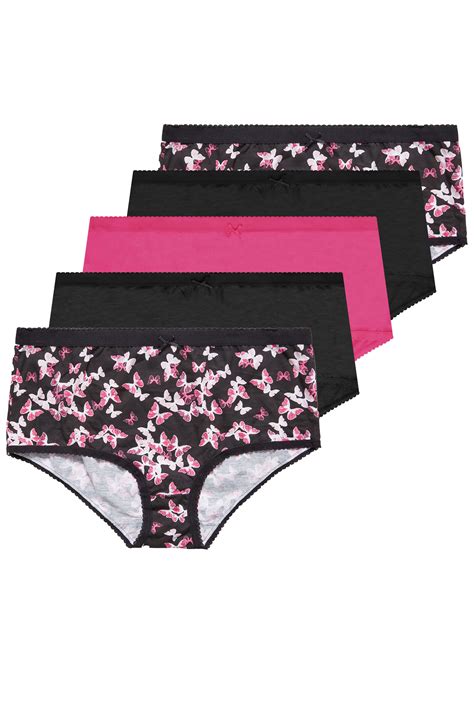 5 Pack Black And Bright Pink Butterfly Print High Waisted Full Briefs