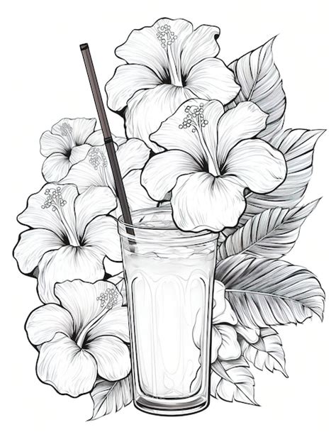 Livre De Coloriage Pour Enfants Fleur D Hibiscus Avec Un Verre