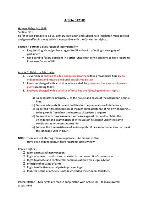 Article 6 ECHR - Lecture notes 7 - Article 6 ECHR Human Rights Act 1998 ...