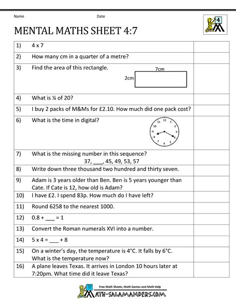 Mental Maths Test Year 4 Worksheets