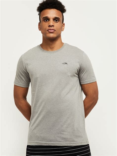 Buy Max Men Grey Melange Solid Round Neck Short Sleeves Pure Cotton