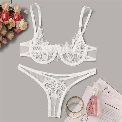 Lingerie feminina sutiã bordado fio dental roupa de dormir conjunto