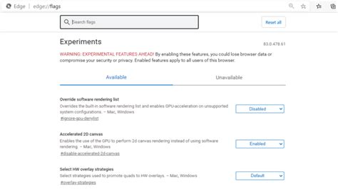 Microsoft Edge Flags Page
