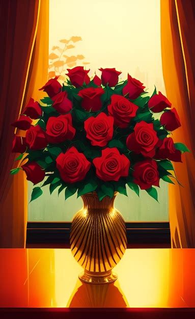 Premium Ai Image A Vase Of Red Roses Is On A Table With A Gold Curtain