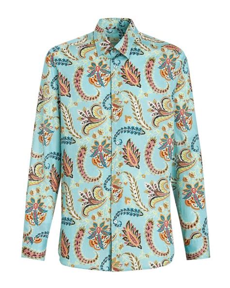 Etro Mens Sky Blue Floral Paisley Cotton Shirt