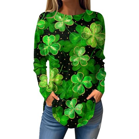 Dndkilg St Patrick Shirts For Women Shamrock Clover Green Long Sleeve