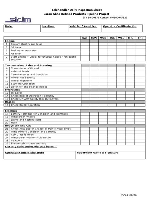 Telehandler Daily Inspection Sheet Jazan Abha Refined Products Pipeline Project Pdf