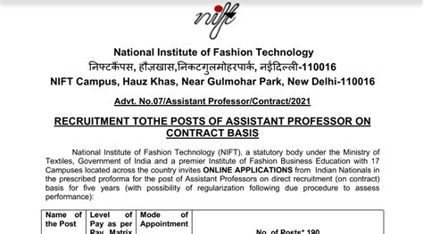 Nift Recruitment Apply Online For Assistant Professor Posts At