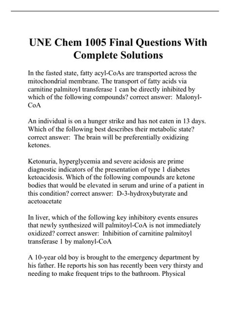 UNE Chem 1005 Final Questions With Complete Solutions UNE CHEM