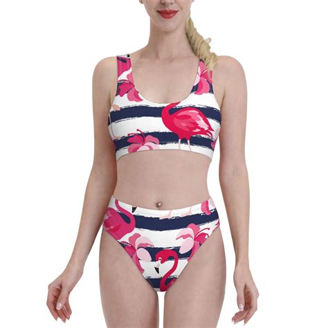 Lukts Women High Waisted Bikini Set Dark Blue Stripes And Pink