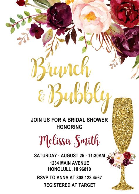 Brunch And Bubbly Invitation Burgundy Bridal Shower Invitation Etsy